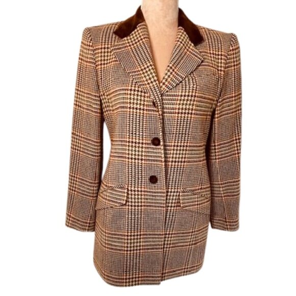 Pendleton Wool Vintage Plaid Equestrian Velvet Collar Blazer 8 Petite - Picture 1 of 10